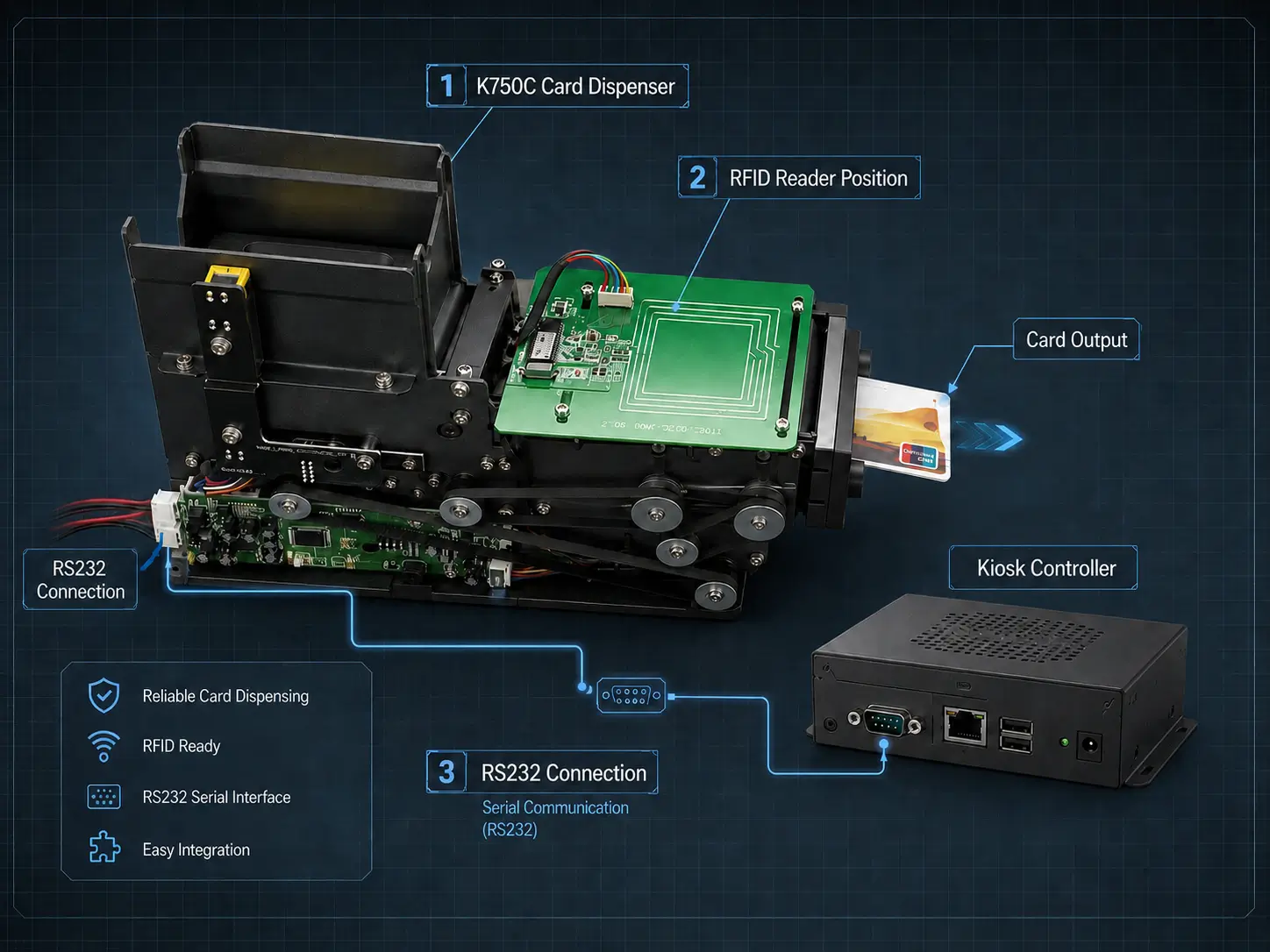 SNR-K750C RFID card dispenser RS232 kiosk integration diagram