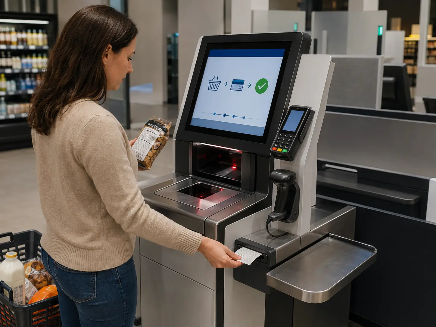 Retail self-checkout kiosk with 80mm receipt printer