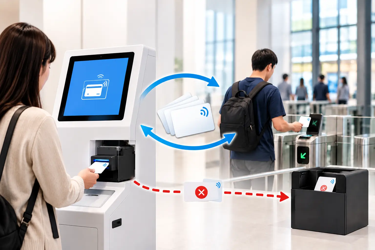 SNR-K750L card dispenser in a reusable RFID credential system with card recycling and exception card separation