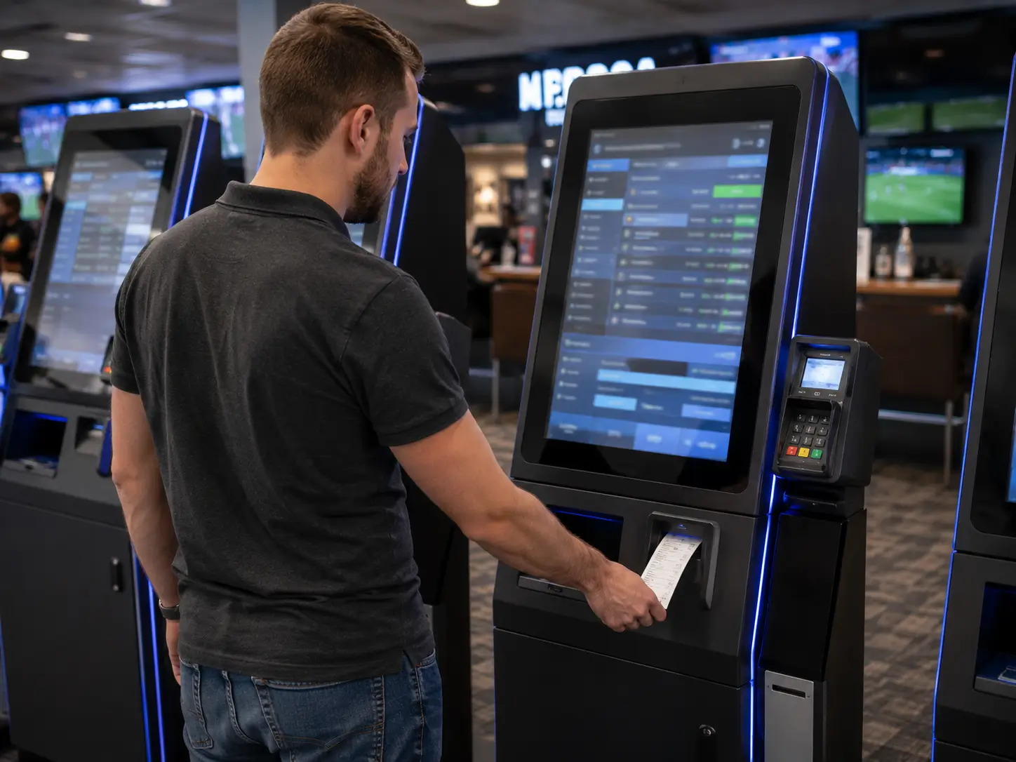 Sports betting self-service kiosk with thermal ticket printer