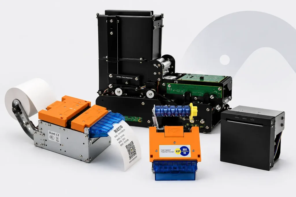 Card dispenser and kiosk printers for self-service kiosk hardware integration