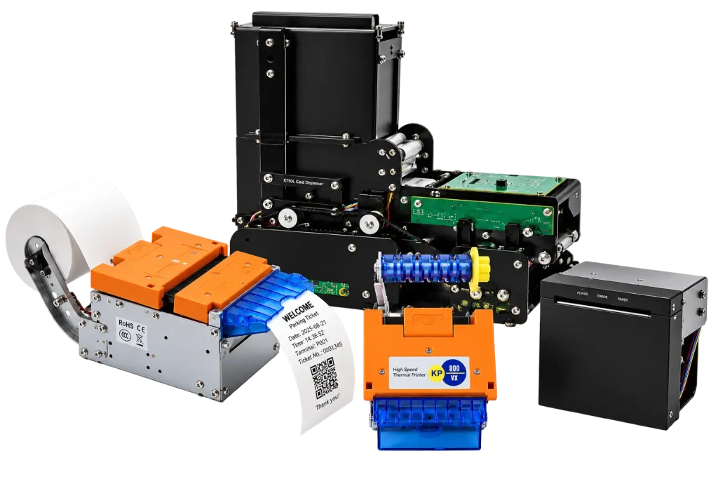Card dispenser and kiosk printers for self-service kiosk hardware integration