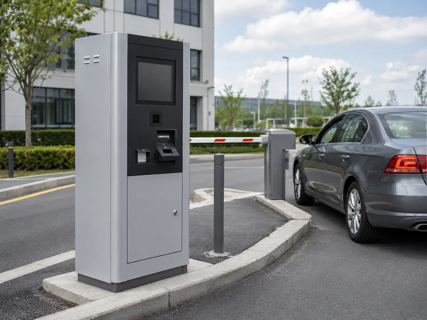 Parking kiosk hardware at vehicle entry lane