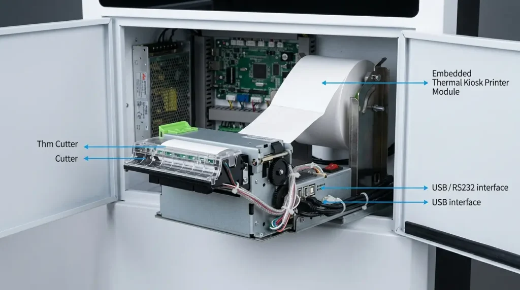 Inside view of a metallic self-service kiosk cabinet displaying an embedded thermal printer module. The setup shows a large thermal paper roll, the auto-cutter mechanism, and label-indicated USB and RS232 interface cable connections.