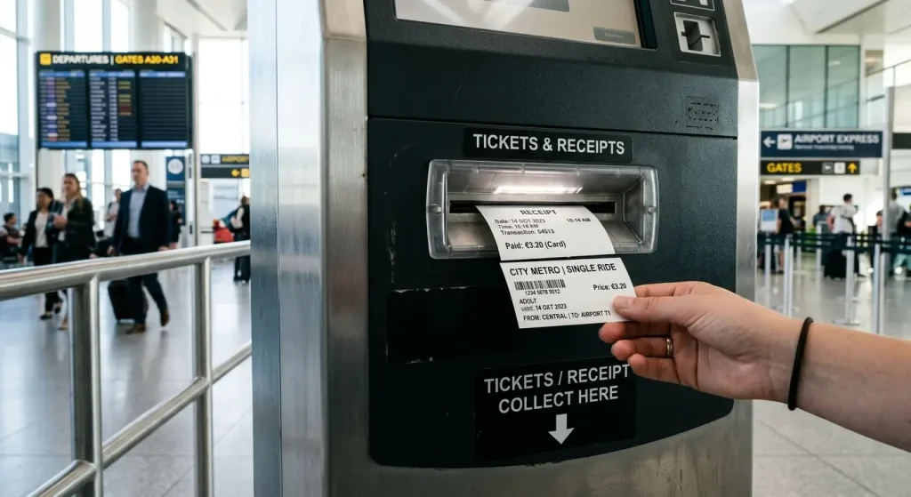 Close-up photo of a ticket dispensing slot labeled "TICKETS & RECEIPTS" on a self-service transit kiosk. A user's hand is reaching out to collect a freshly printed transit ticket with a barcode, transaction details, and fare information in a busy airport terminal setting.