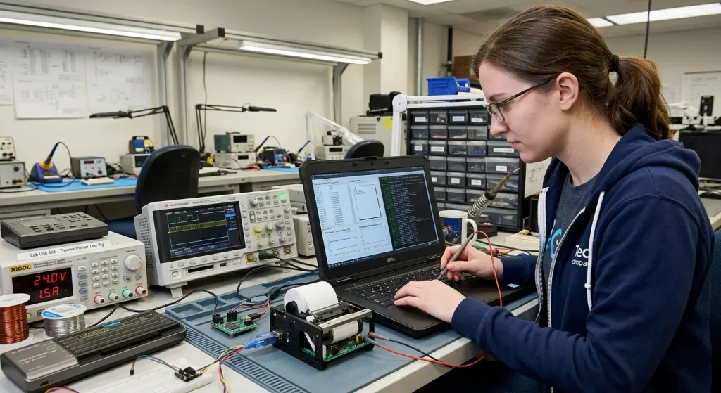 Female embedded software engineer debugging a thermal printer mechanism on an ESD workbench. Her laptop displays a thermal printer testing utility connected via a debug board, alongside an oscilloscope showing SPI/serial communication signals.