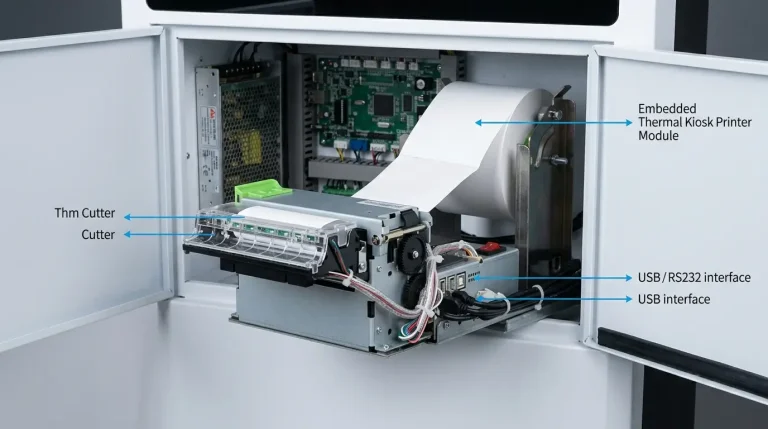 Inside view of a metallic self-service kiosk cabinet displaying an embedded thermal printer module. The setup shows a large thermal paper roll, the auto-cutter mechanism, and label-indicated USB and RS232 interface cable connections.