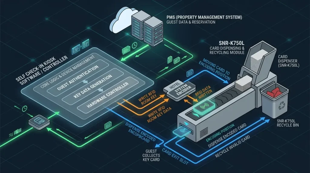 System architecture diagram depicting the workflow between Hotel PMS, Kiosk Software Controller, Third-party Lock Encoder, and Card Dispenser Module during room key issuance.