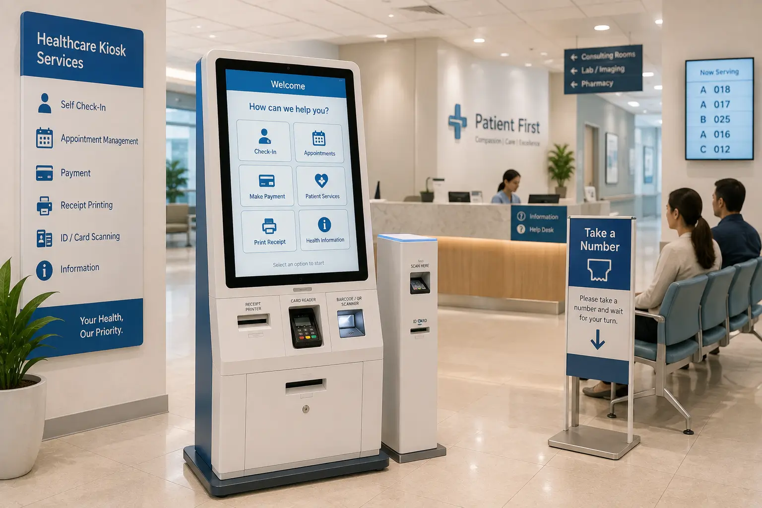Hospital registration kiosk with thermal receipt printer