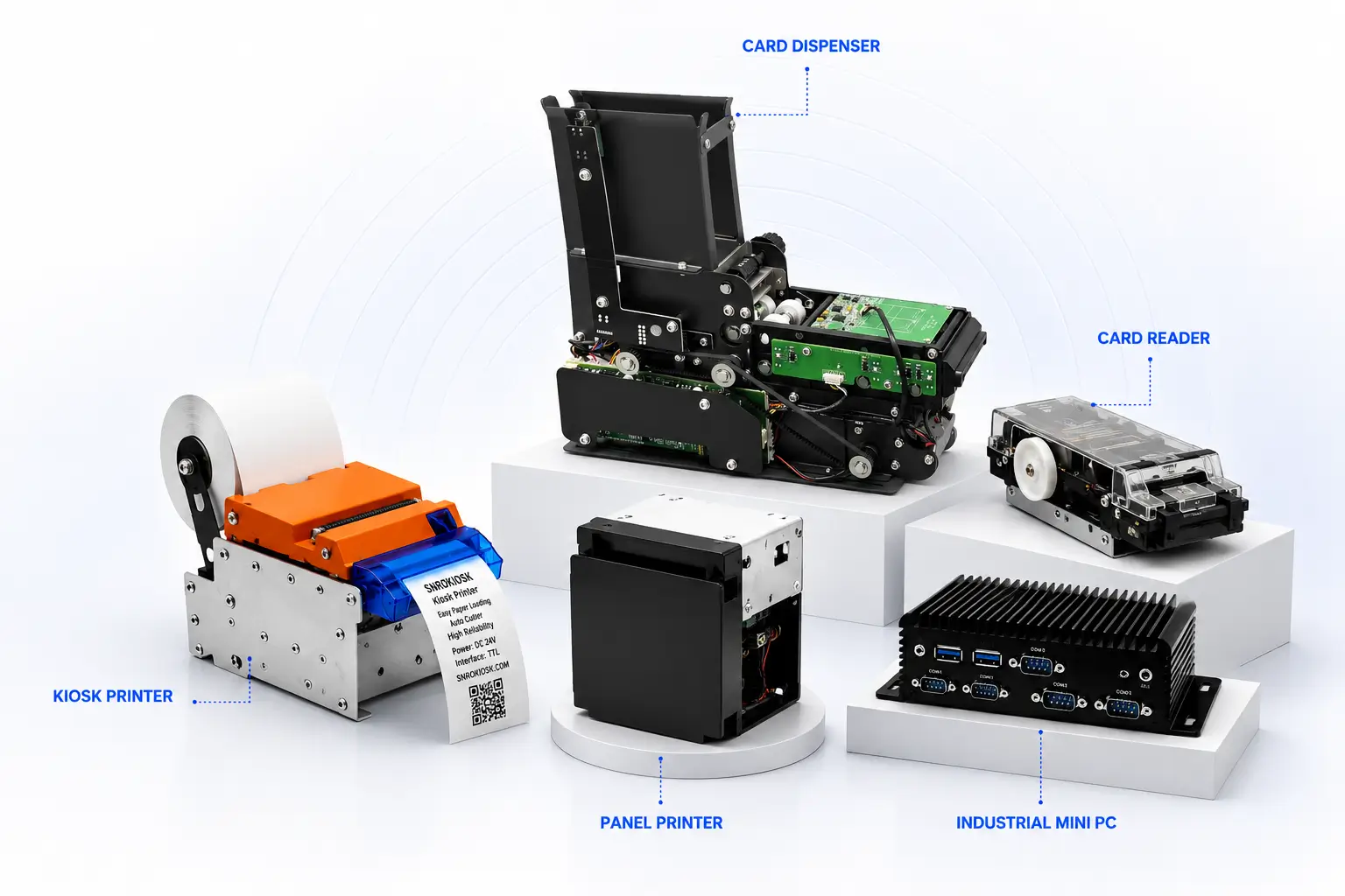 Card dispenser and kiosk printers for self-service kiosk hardware integration