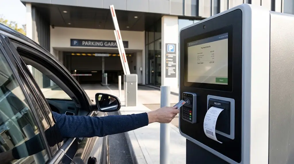 A driver in a vehicle making a contactless credit card payment at an outdoor parking payment kiosk at a modern parking garage exit with the barrier gate lifting in the background.