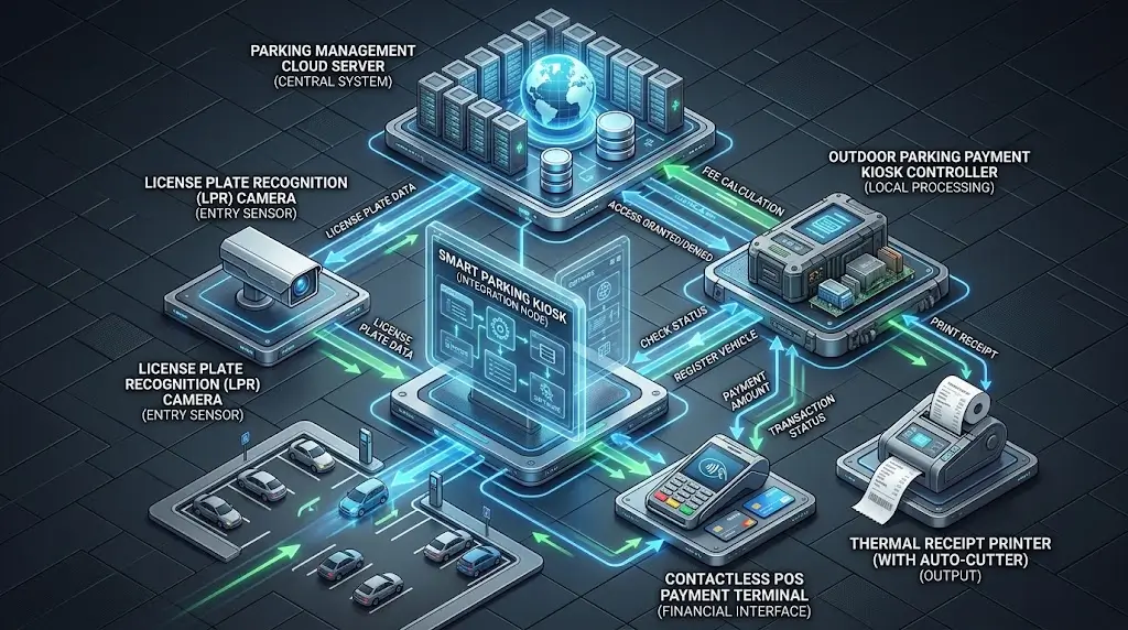 3D isometric architecture diagram depicting the data workflow between Parking Cloud Management, License Plate Recognition (LPR) camera, Payment Kiosk Controller, POS terminal, and Receipt Printer.