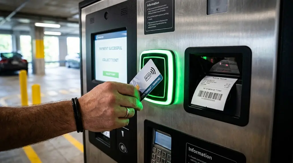Technical close-up view inside a weather-proof outdoor parking kiosk showing an industrial thermal receipt printer module with a large paper roll and ruggedized power supplies.