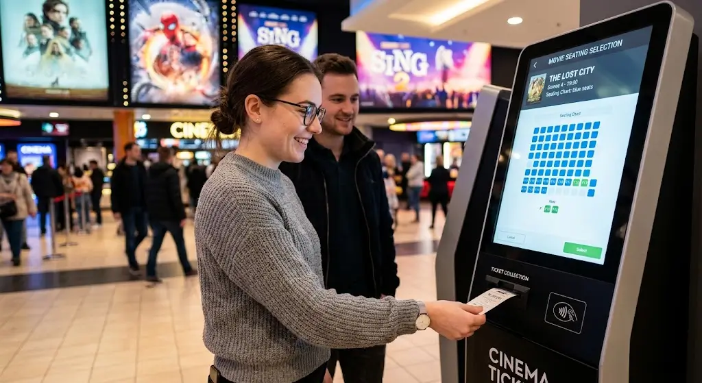 A smiling couple interactions with a modern self-service SNROKIOSK touchscreen in a brightly lit cinema lobby, selecting a movie time while two tickets are actively dispensing from the collector slot.
