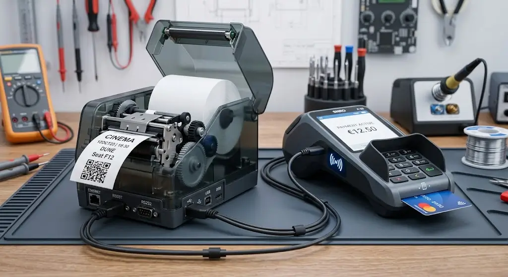 A technical, clean product visualization of modular kiosk hardware on a workbench, showing a thermal ticket printer and a payment terminal. The printer has translucent casing, illustrating how a paper roll, feed gears, and an auto-cutter are integrated into the final form.