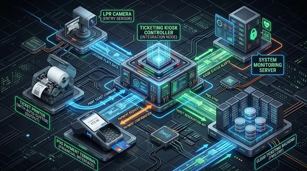 An isometric digital illustration showing layers of technology. A modern kiosk icon with a screen displaying 'SELECT MOVIE' connects via glowing data lines (labeled Hardware Controller and API) to a Cloud Server network and a database labeled 'TICKETING SYSTEM BACKEND', visualizing the integration process.