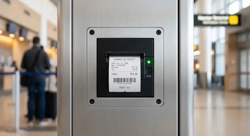 Front view of a sleek 58mm panel mount thermal printer seamlessly installed into a metal self-service kiosk panel, showing the paper outlet, feed button, and lock mechanism.