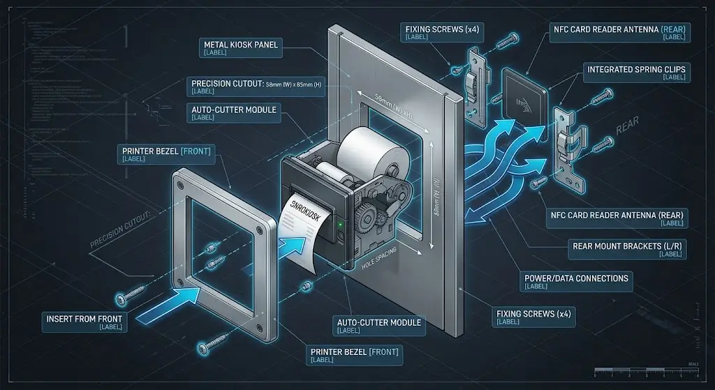 Isometric technical diagram demonstrating the panel cutout dimensions, mounting brackets, and rear screw positioning for installing an embedded thermal printer into a kiosk cabinet.