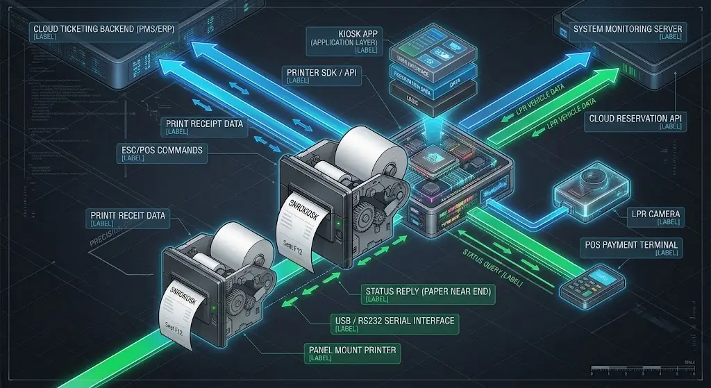 Architecture diagram showing the software integration layer between a kiosk application, printer SDK, ESC/POS commands, and the physical panel mount printer via USB/RS232.